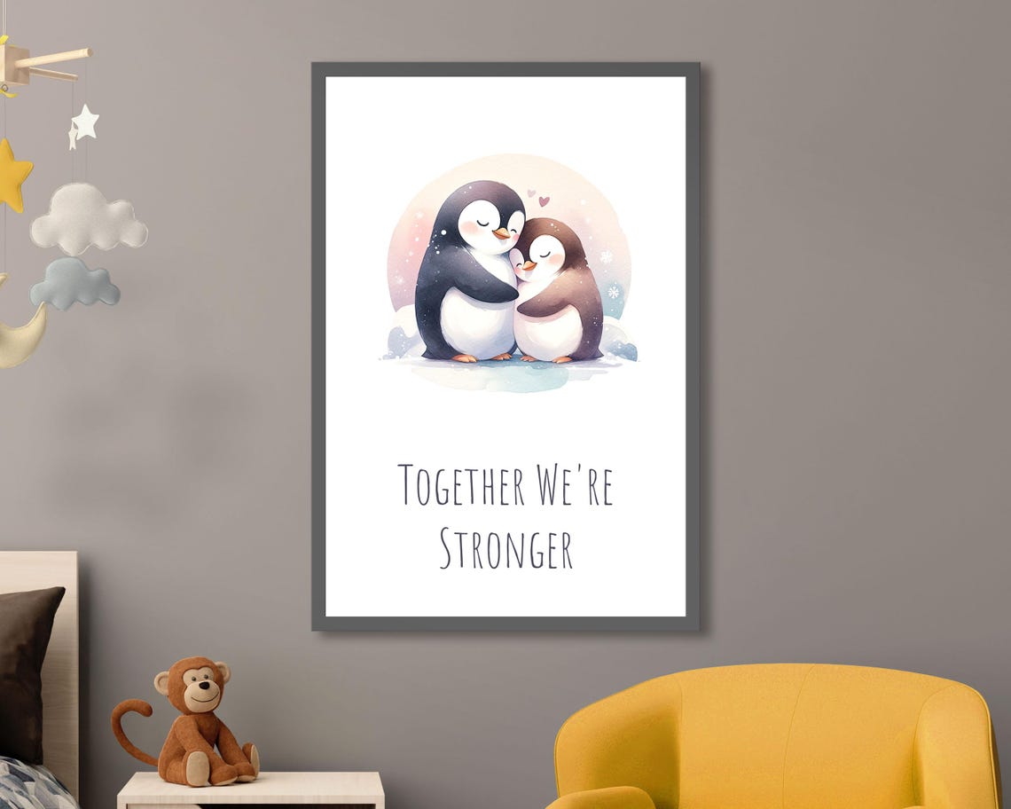 Together We Are Stronger Hugging Penguins Watercolor Love Unity Poster
