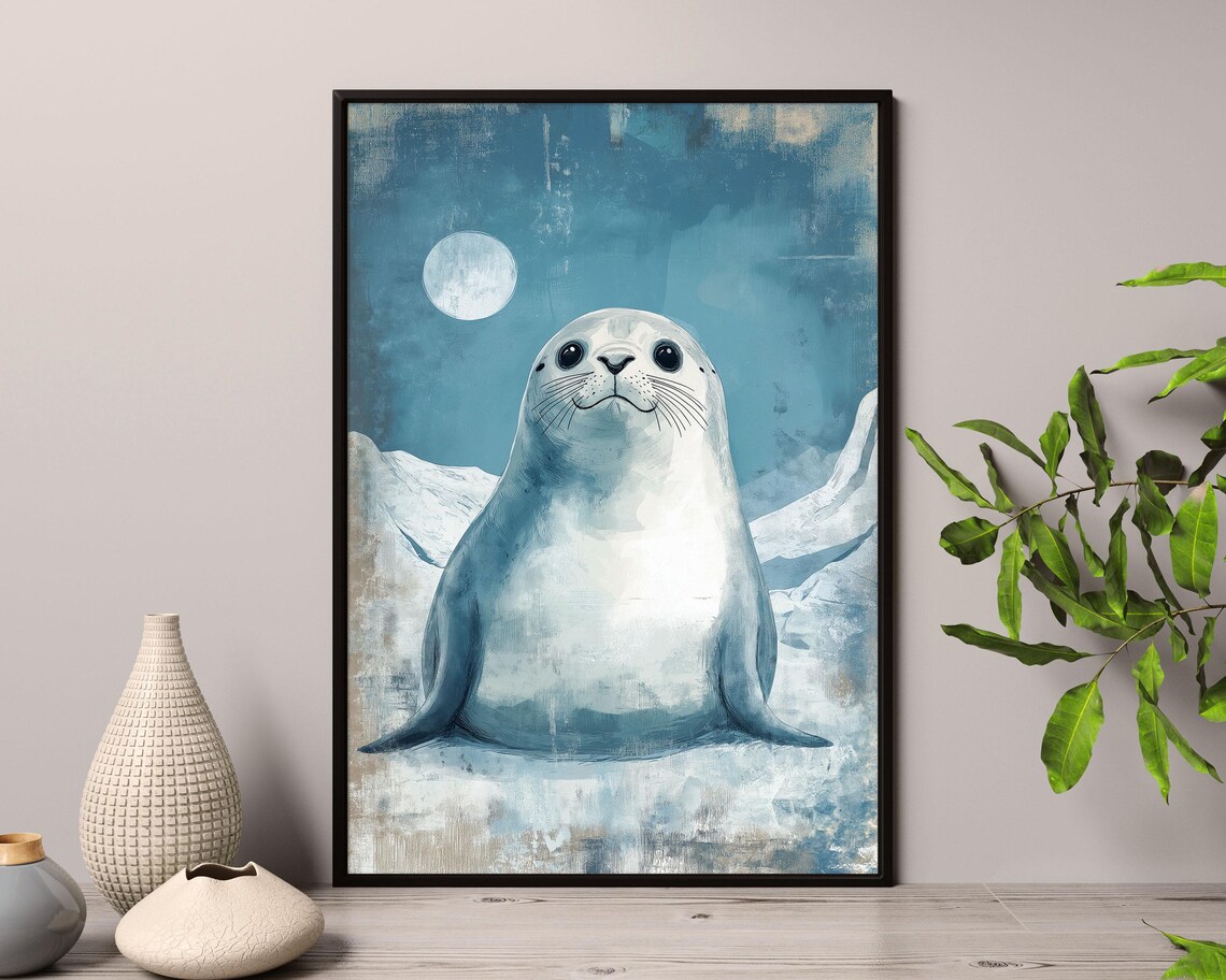 Cute Baby Seal Pup on Ice Under Moon Blue Watercolor Nursery Poster - Image 4