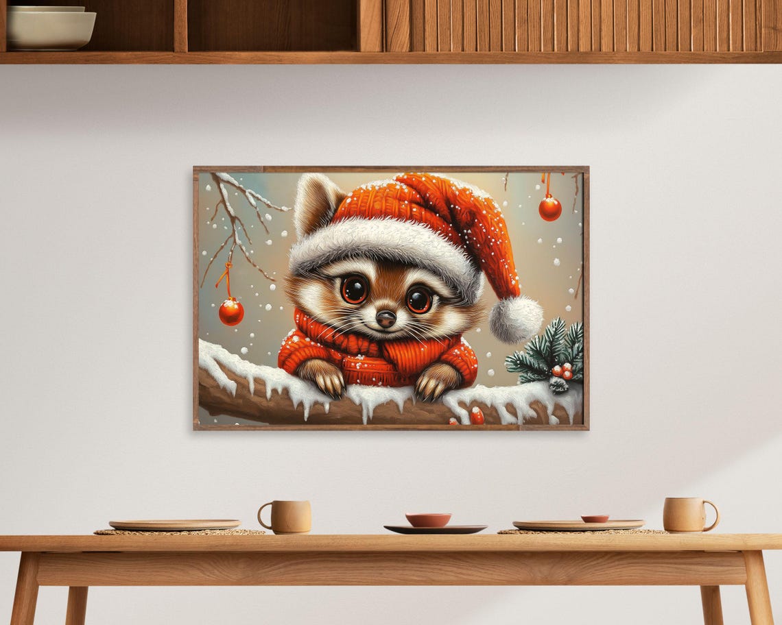 Cute Raccoon in Santa Hat Red Sweater Snowy Christmas Wall Art - Image 4