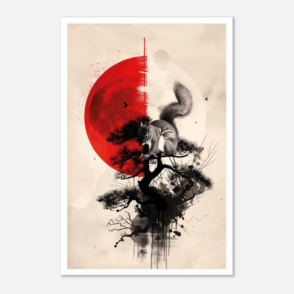 Squirrel Red Sun Pine Tree Ink Wash Japanese Style Wildlife Art Poster - Image 4
