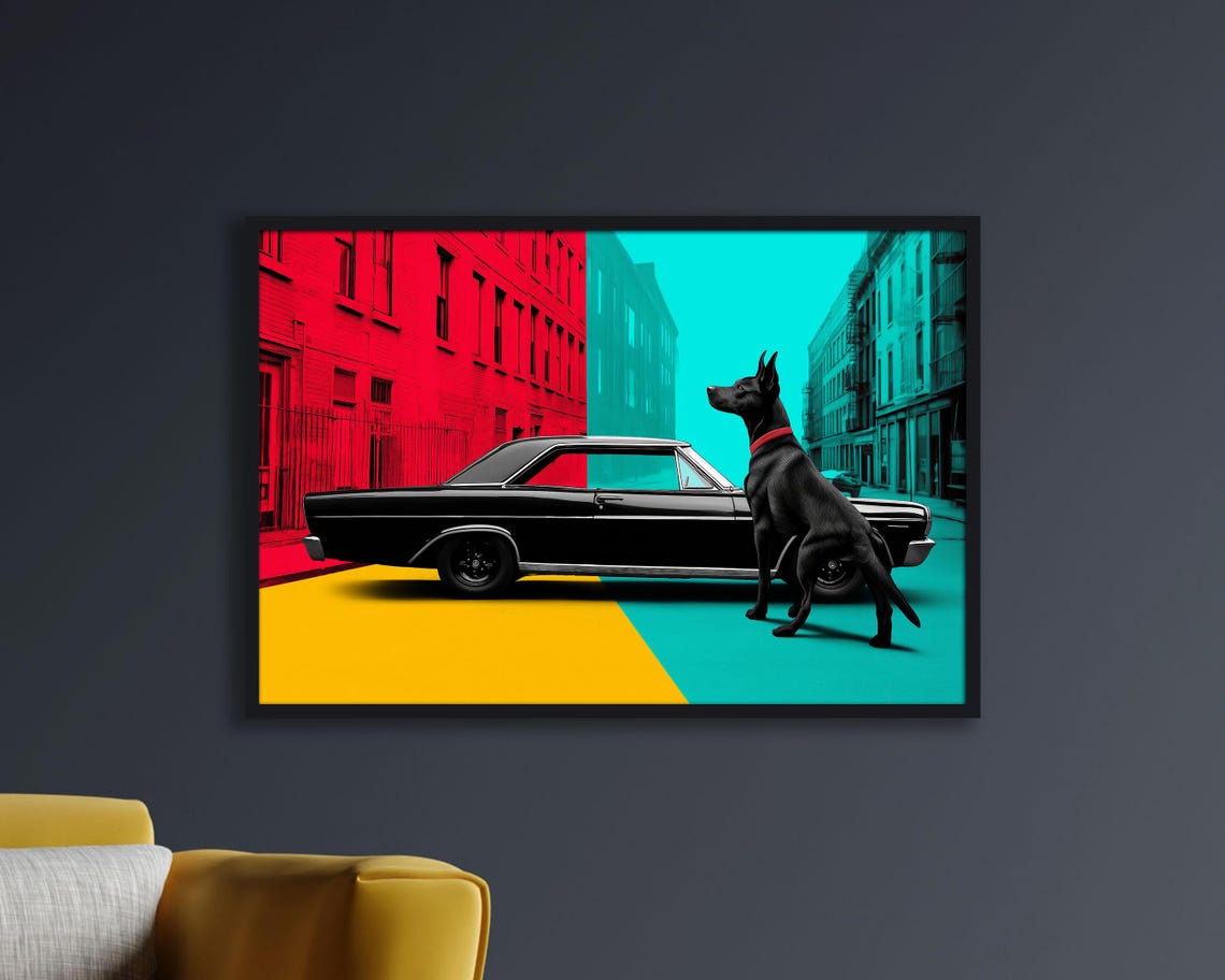 Retro Pop Art Black Dog With Classic Car Bold Color Block Urban Poster - Image 4