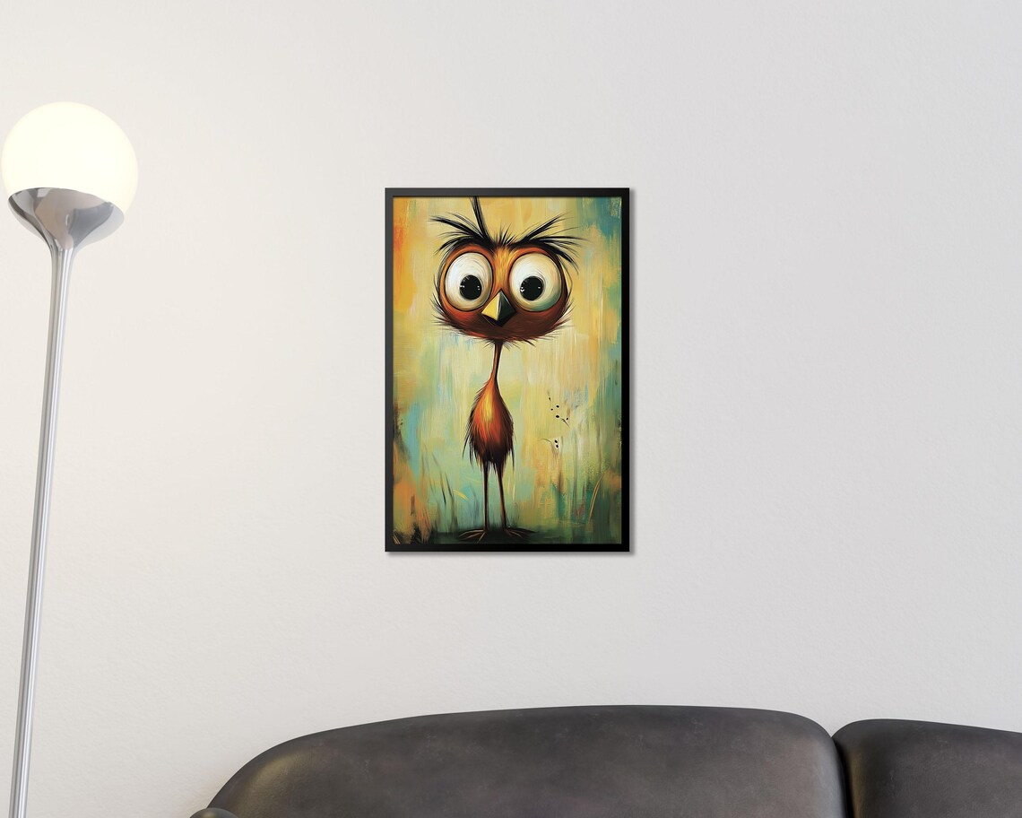 Crazy Big Eyed Bird Whimsical Colorful Abstract Painting Wall Art - Image 2