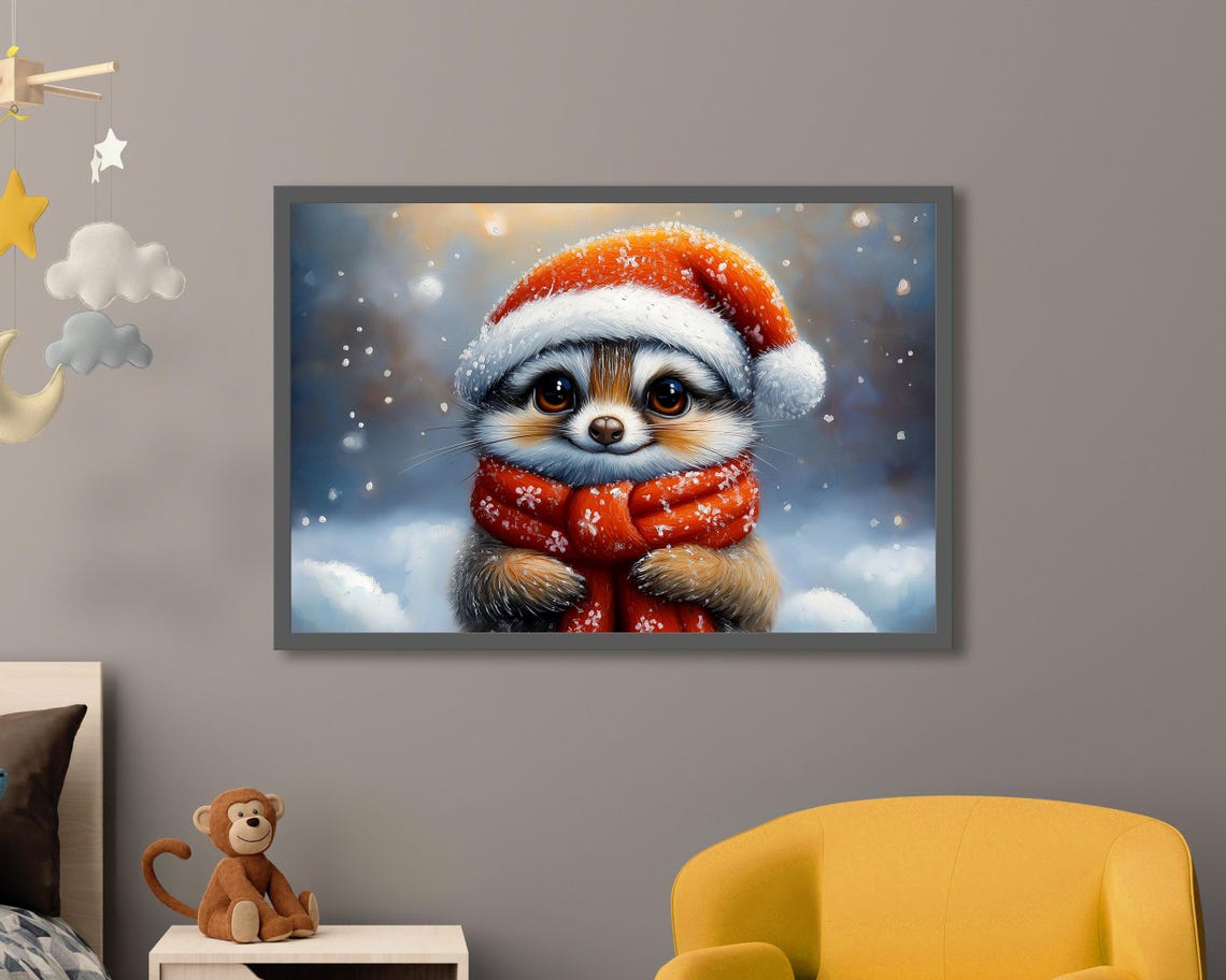 Raccoon In Santa Hat And Snowflake Scarf Winter Christmas Poster - Image 3
