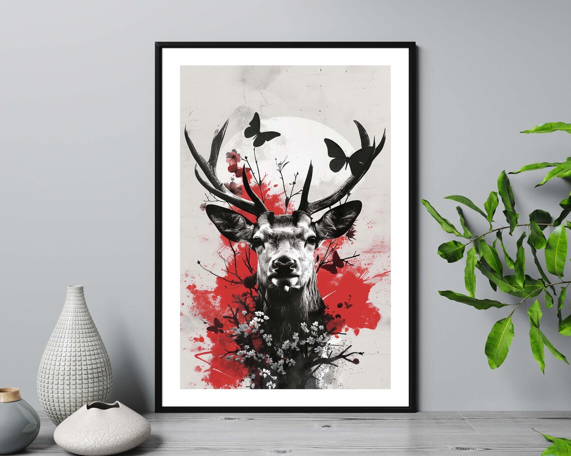 Majestic Stag With Butterflies Red Black Modern Deer Wall Art Print - Image 5