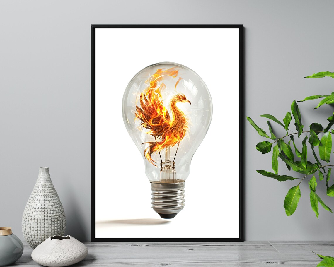 Fiery Phoenix Inside Glass Light Bulb Surreal Flame Bird Wall Art Poster - Image 5