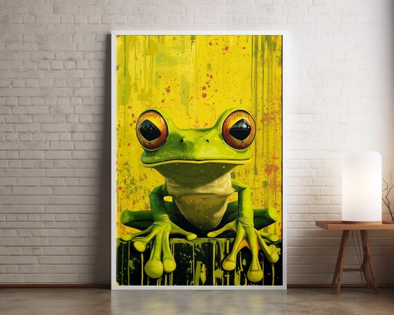 Lime Green Tree Frog Pop Art Style Bright Yellow Splatter Wall Art
