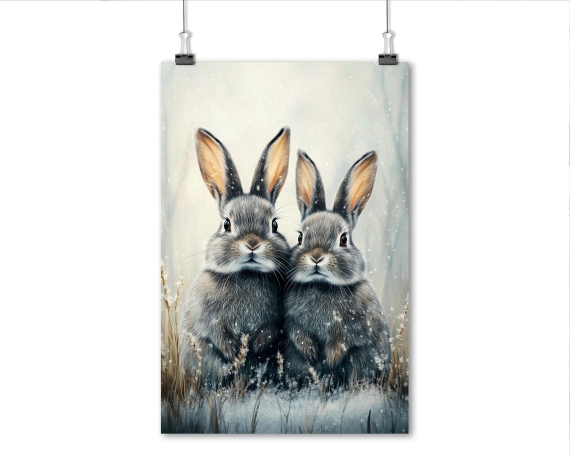 Two Rabbits In Snowfall Winter Bunnies Watercolor Art Poster - Image 6