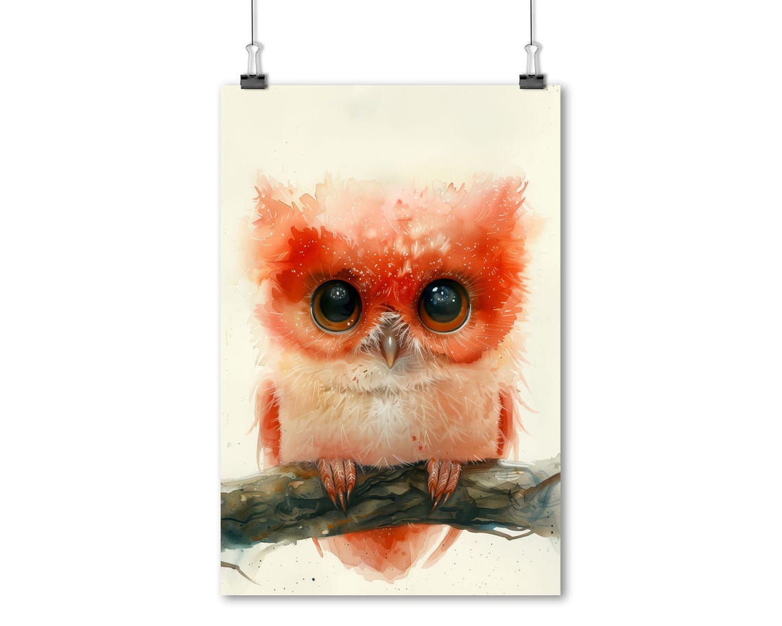 Fluffy Coral Owl Baby Watercolor Branch Cute Nursery Wall Art - Image 8