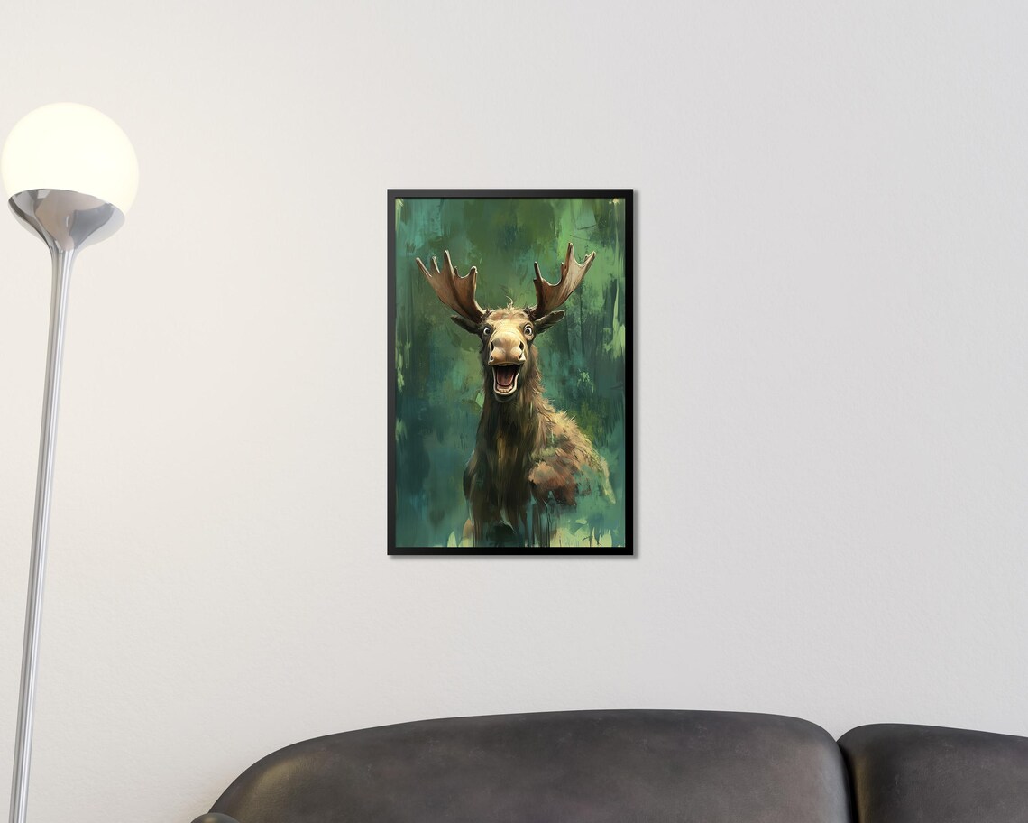 Laughing Moose Happy Wild Forest Animal Painting Green Canvas Poster - Image 2