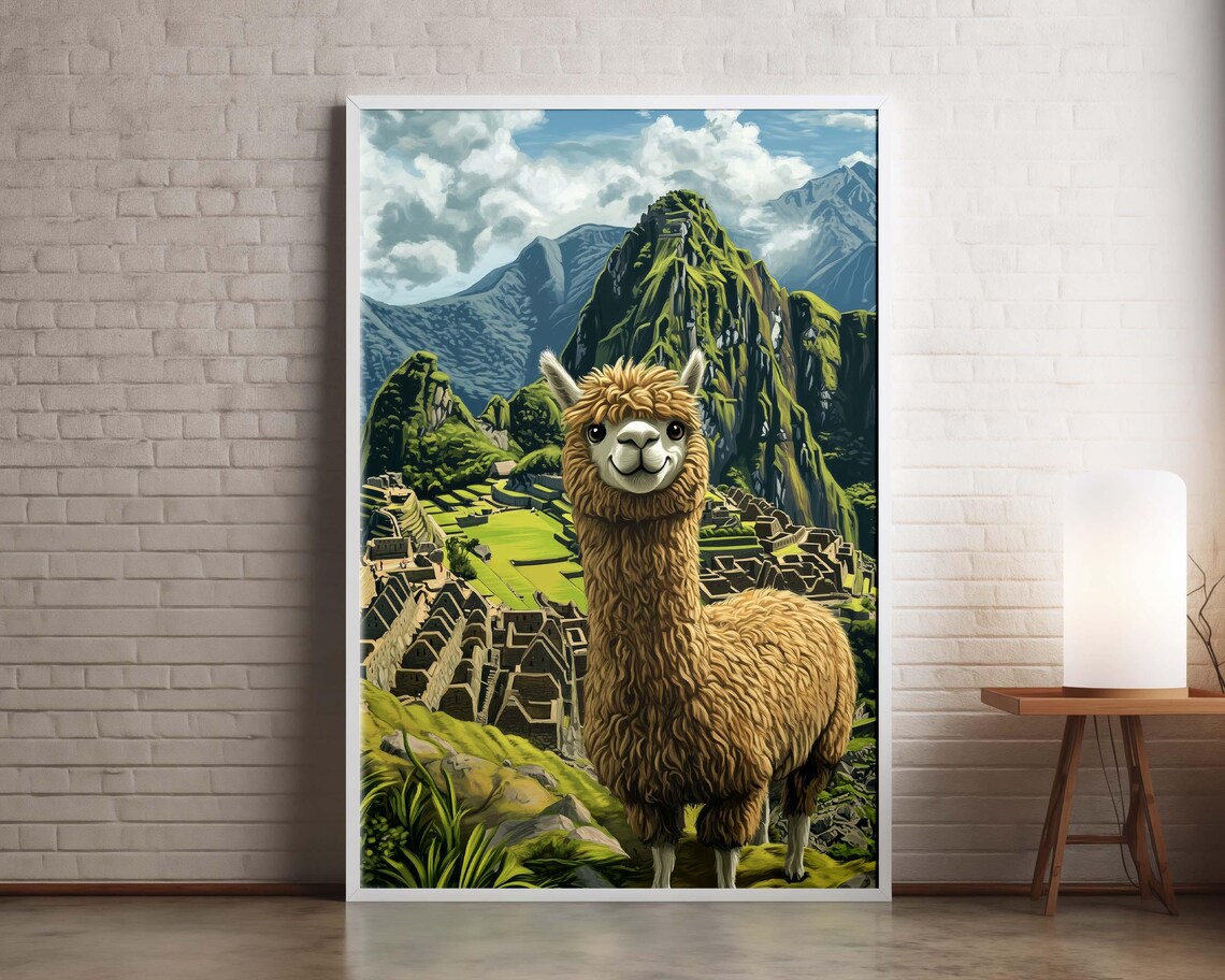 Smiling Alpaca at Machu Picchu Ruins Peru Andes Travel Poster