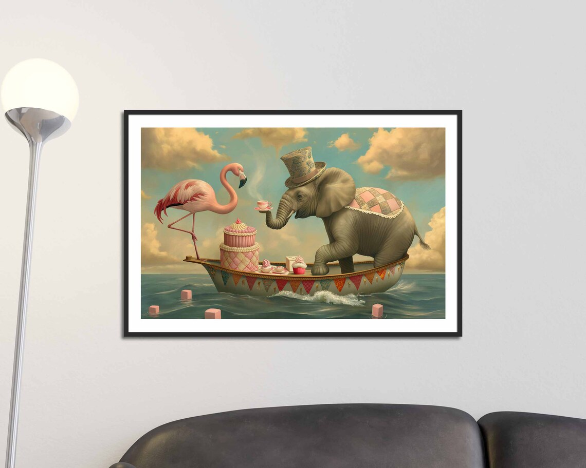 Elephant Flamingo Surreal Tea Party Boat Ocean Whimsy Art Poster
