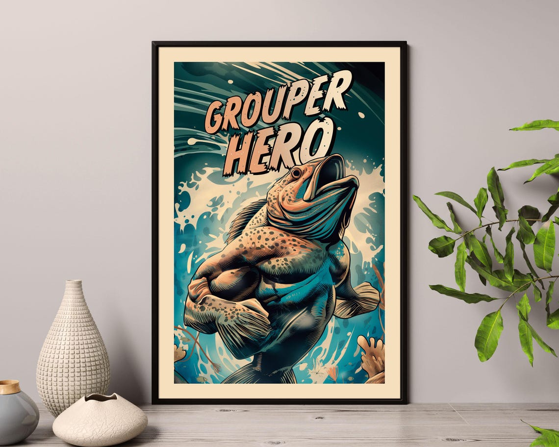 Grouper Hero Muscular Superhero Fish Leaping Comic Style Funny Poster - Image 5