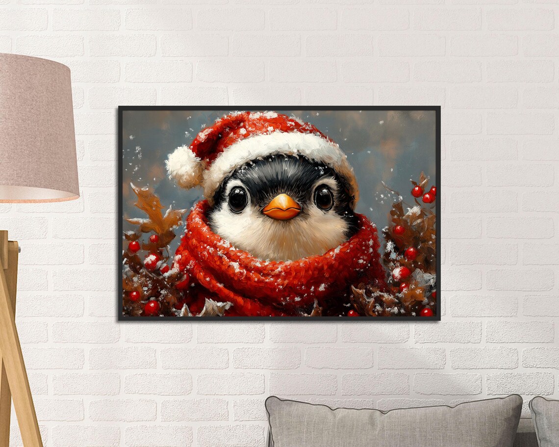 Penguin Chick In Santa Hat And Scarf Snowy Christmas Art Poster - Image 2
