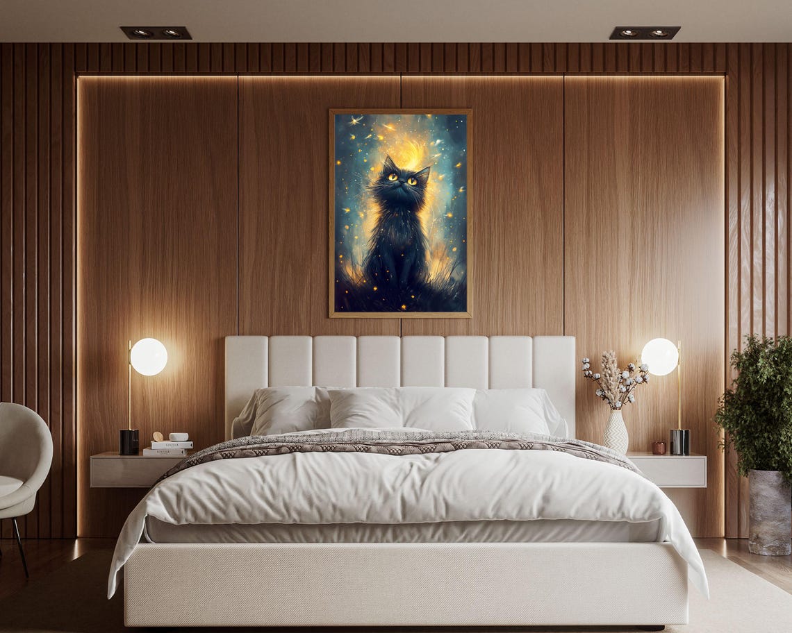 Black Kitten Gazing Up at Golden Light Magic Sparkles Wall Art - Image 6