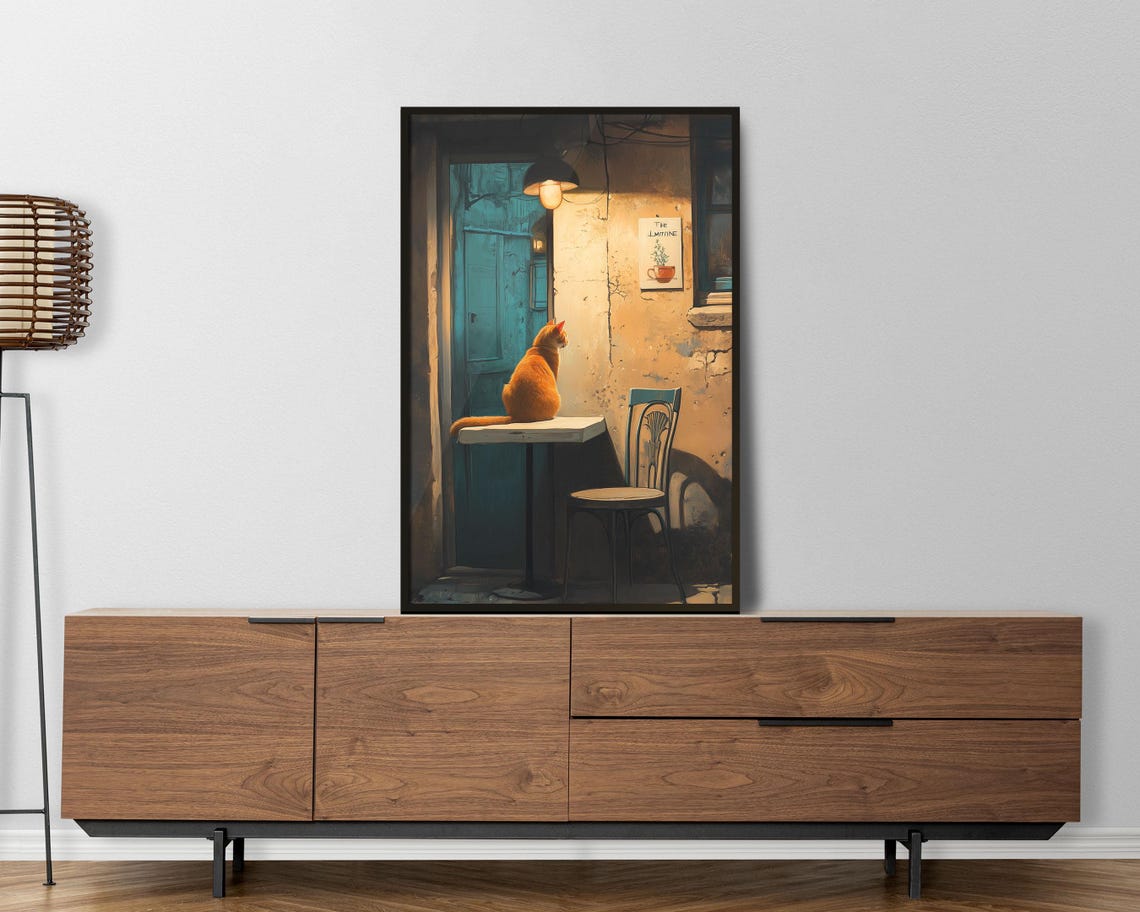 Orange Cat At Night Cafe Alley Rustic Warm Lamp Wall Art Poster