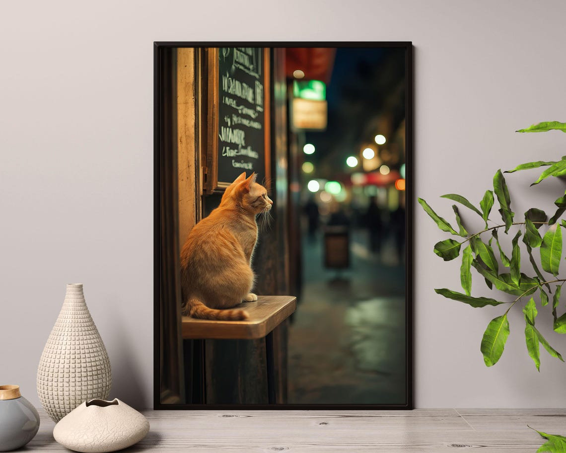 Orange Cat At Cafe Table Watching Night Street Cozy Art Poster - Image 4