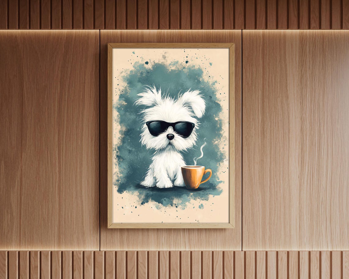 Cool White Dog With Sunglasses And Coffee Cup Funny Art Poster - Image 3