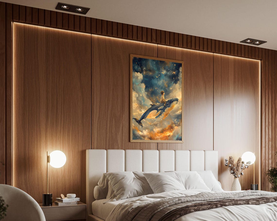 Child Riding Whale Through Starry Clouds Cosmic Nursery Wall Art Print - Image 3