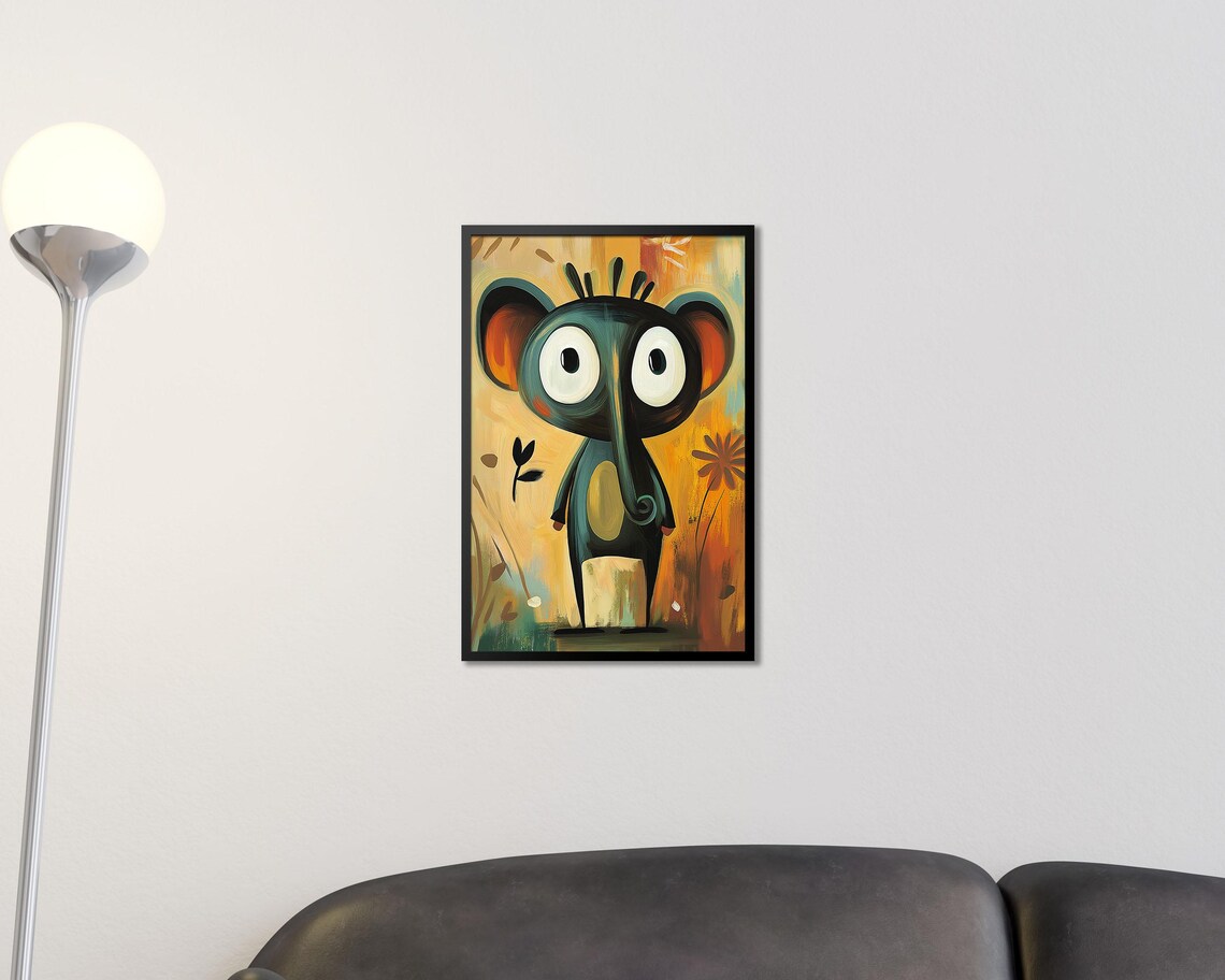 Quirky Big Eyed Elephant Whimsical Orange Oil Painting Animal Poster - Image 2
