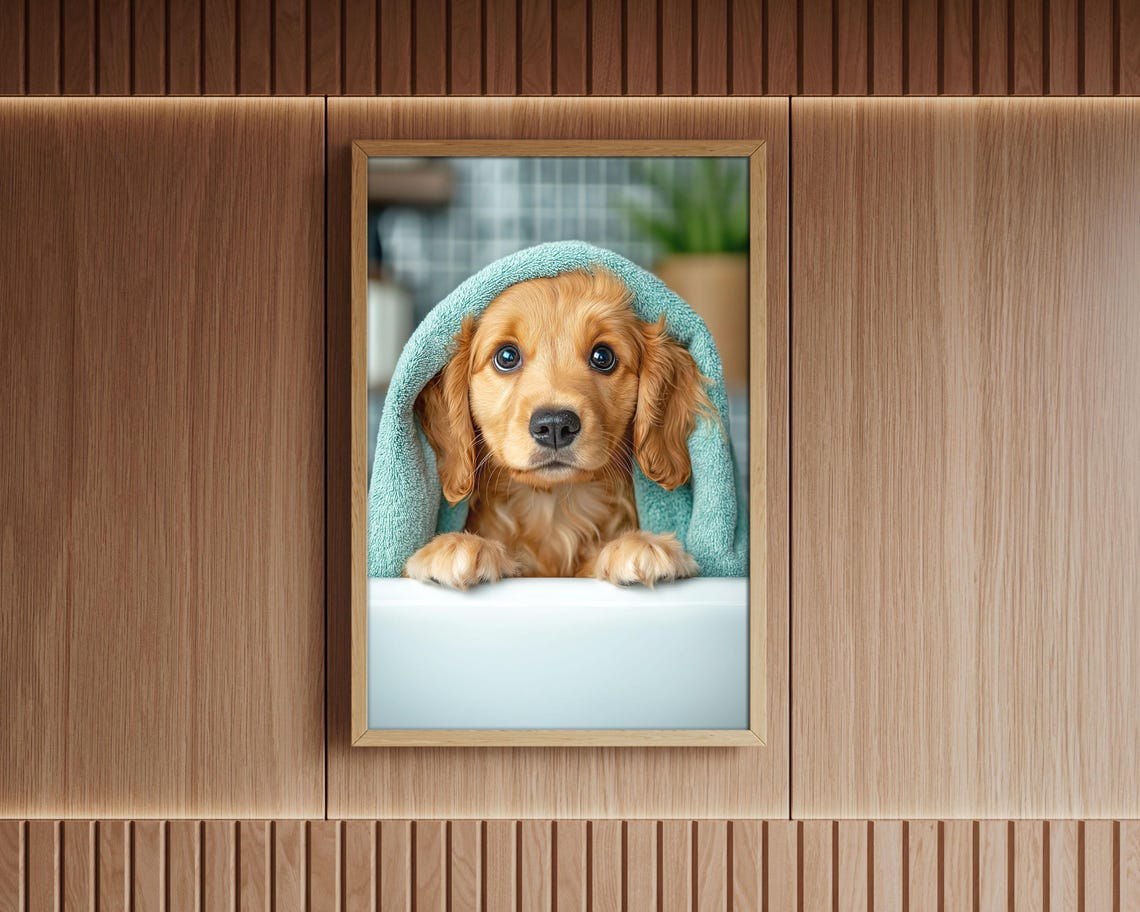 Golden Cocker Spaniel Puppy Bath Time Towel Cute Bathroom Art Poster - Image 5