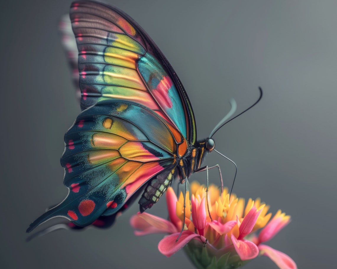 Rainbow Butterfly On Pink Flower Macro Nature Photography Poster - Image 3