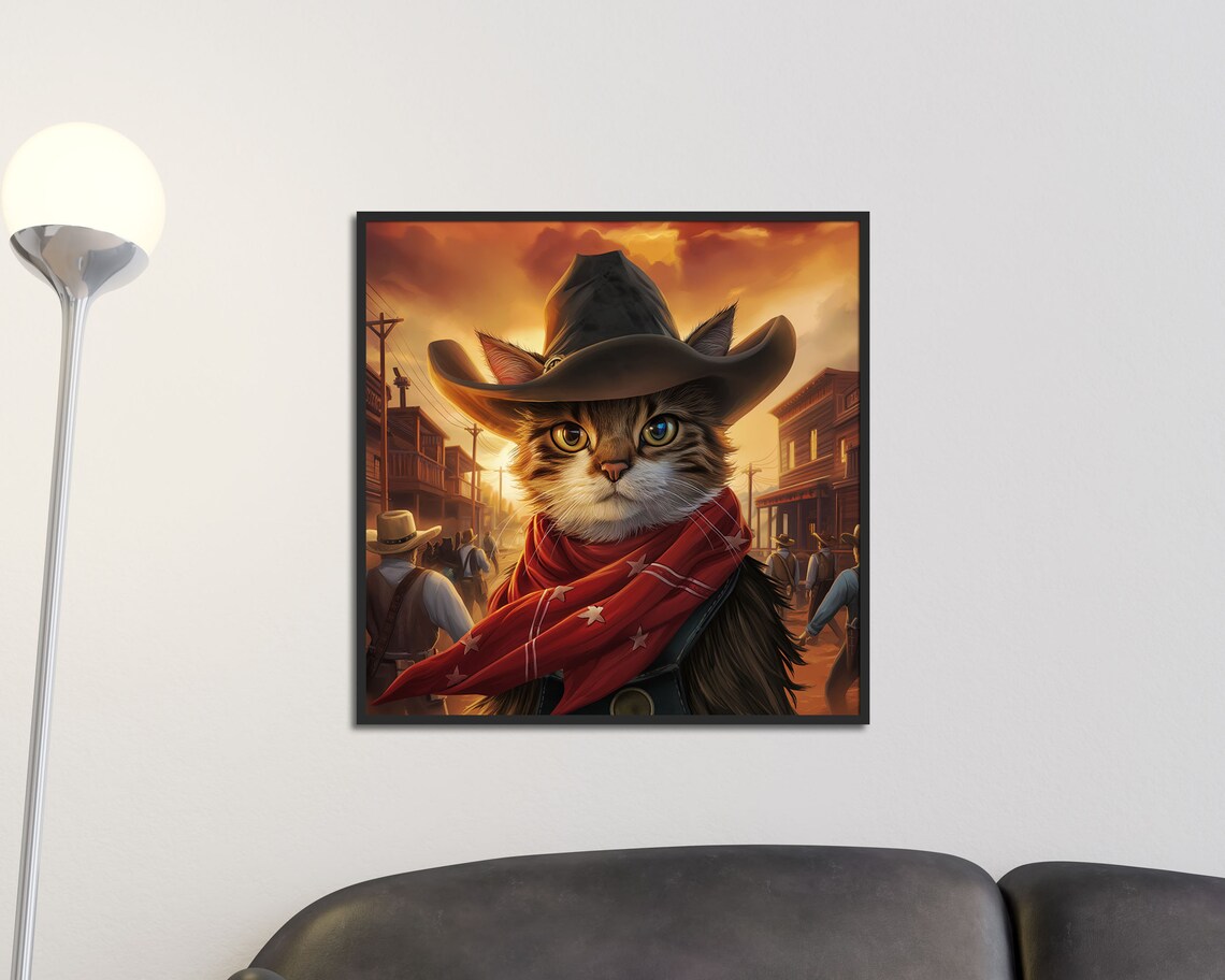 Cowboy Cat In Wild West Town Sunset Western Hat Bandana Funny Cat Poster - Image 5