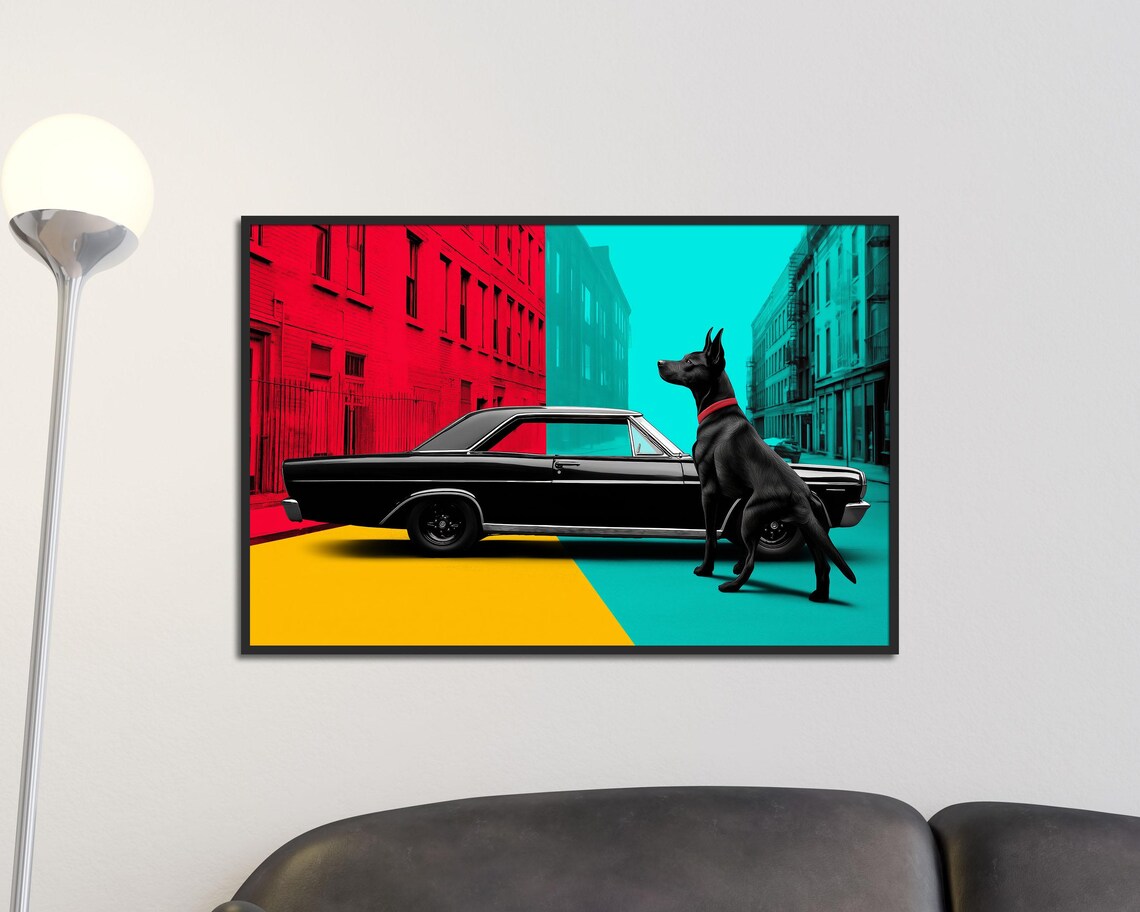 Retro Pop Art Black Dog With Classic Car Bold Color Block Urban Poster - Image 5