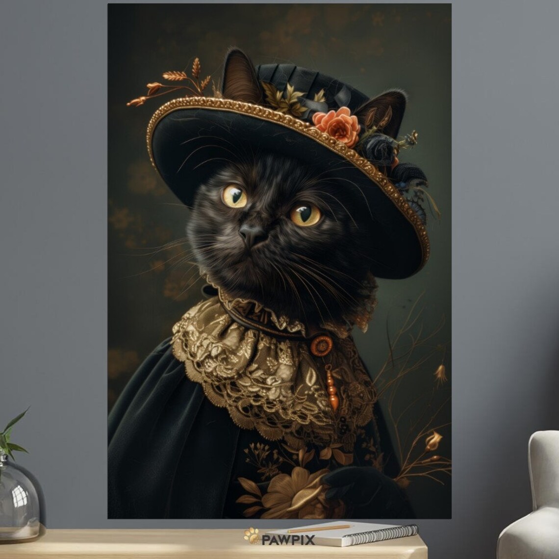 Regal Black Cat Victorian Floral Hat Dark Academia Feline Wall Art - Image 3