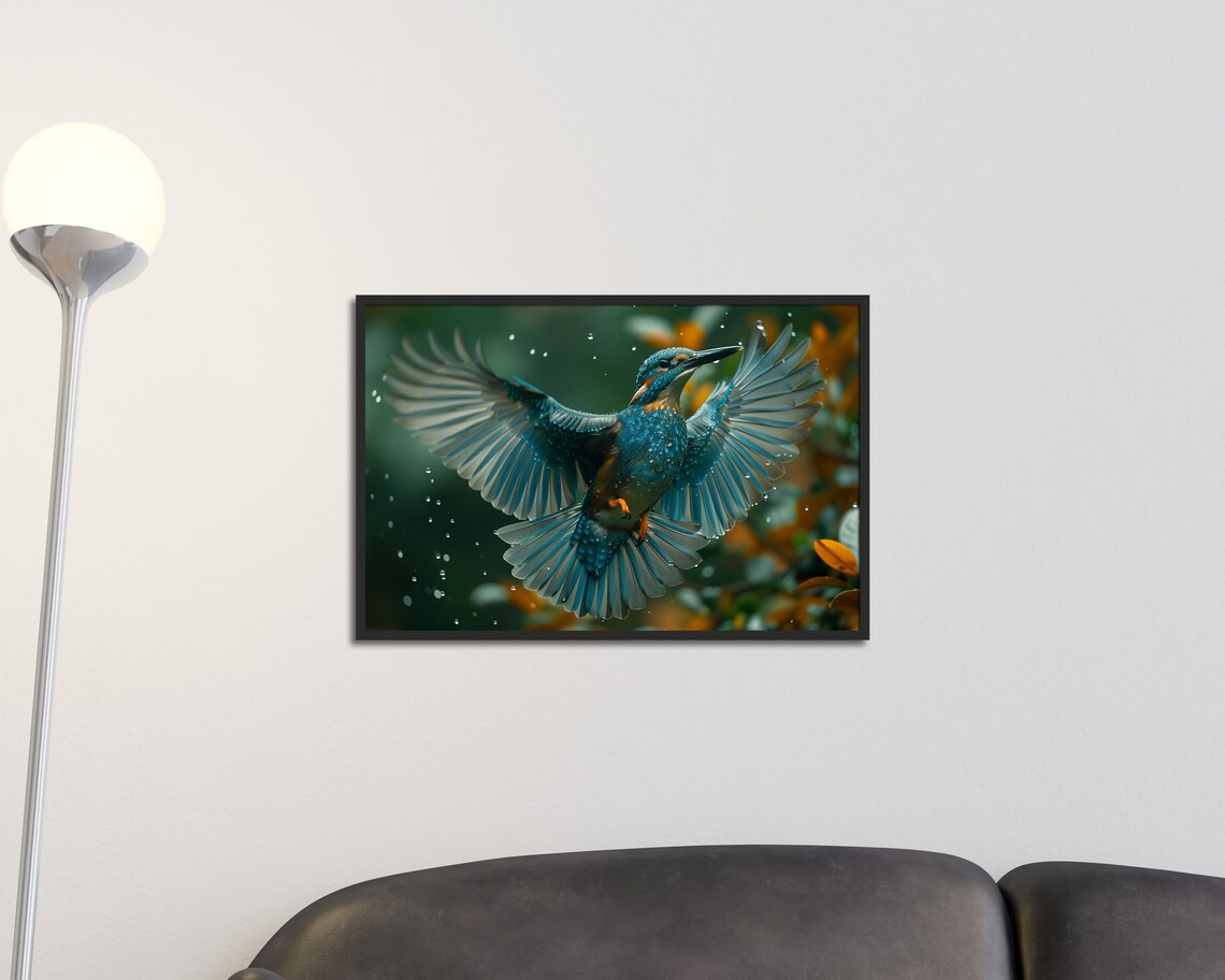 Kingfisher In Flight Water Droplets Vibrant Birdwatcher Nature Poster - Image 3