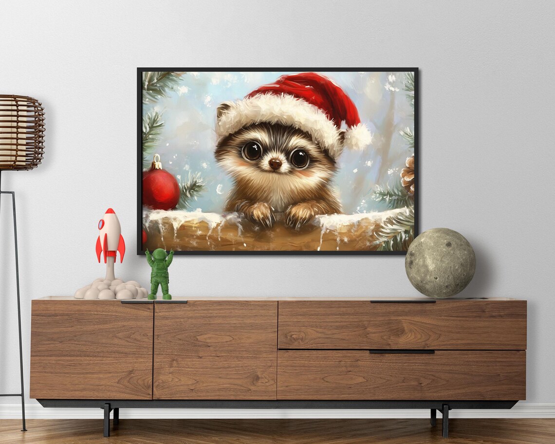 Peeking Raccoon Santa Hat Snowy Pine Branch Christmas Wall Art - Image 5