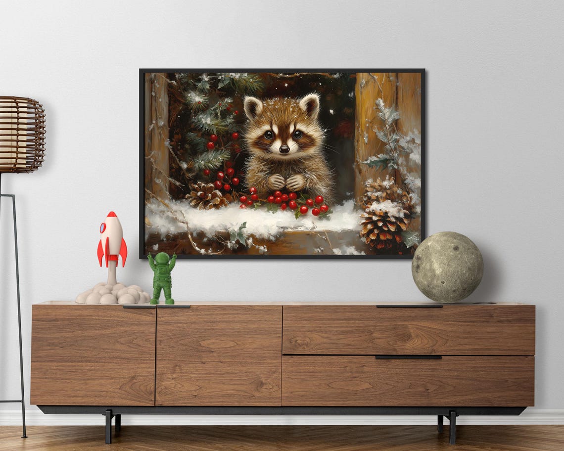 Raccoon Peeking Through Snowy Window With Red Berries Art Poster - Image 4