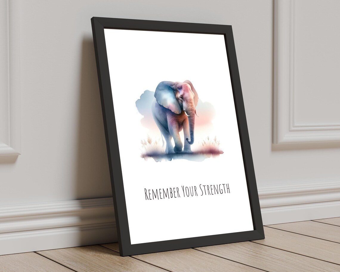 Watercolor Elephant Pastel Blue Pink Remember Your Strength Quote Poster - Image 3