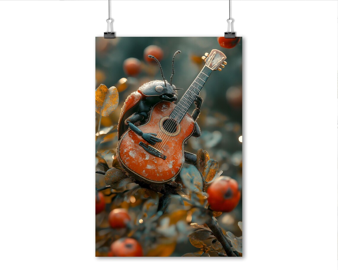 Ladybug Playing Acoustic Guitar On Berry Branch Nature Art Poster - Image 6