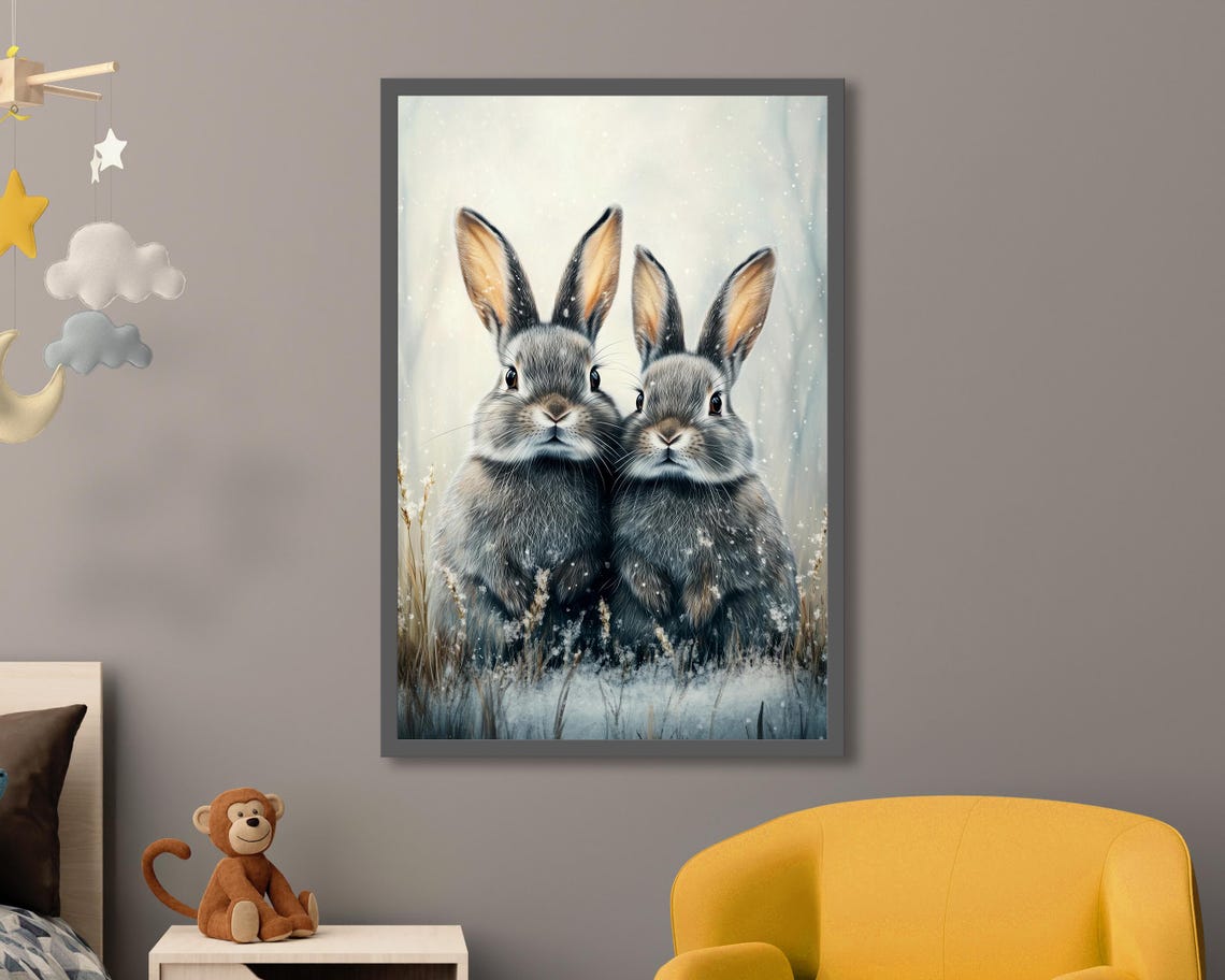 Two Rabbits In Snowfall Winter Bunnies Watercolor Art Poster - Image 5