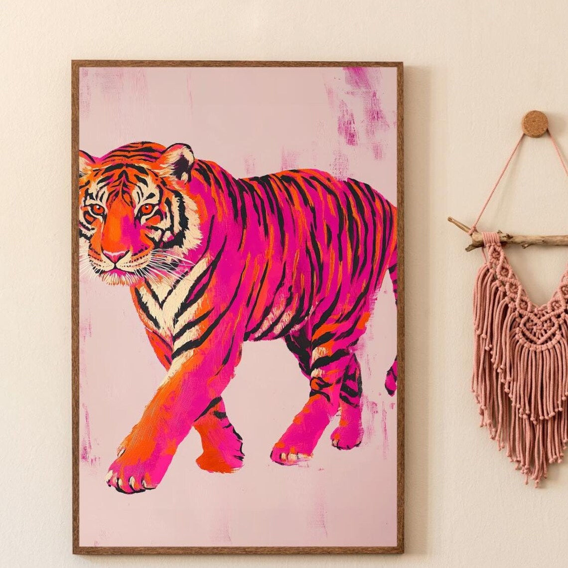 Neon Pink Tiger Walking Pop Art Maximalist Animal Painting Poster