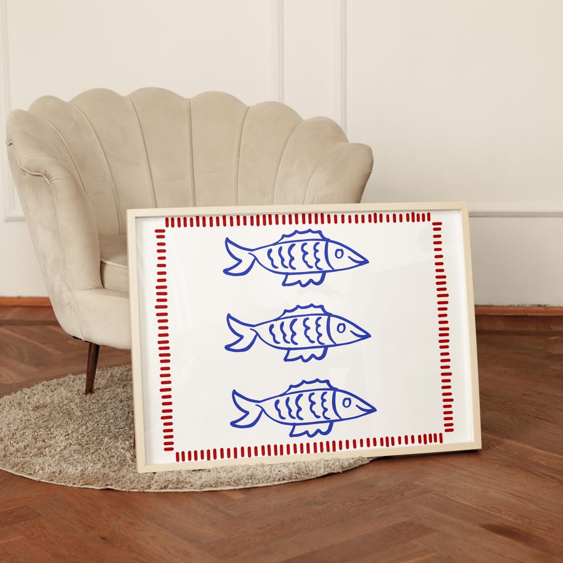 Retro Blue Sardines Fish Kitchen Red Border Seafood Art Poster