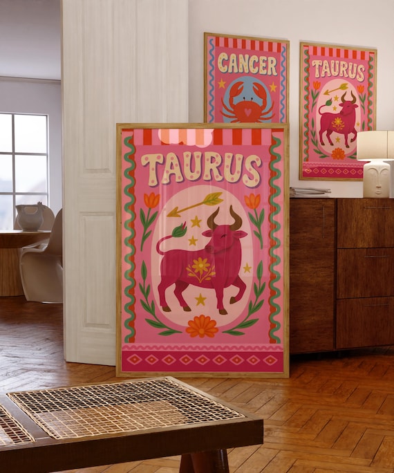 Taurus Zodiac Sign Poster Retro Pink Floral Astrology Horoscope Gift
