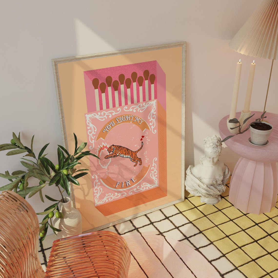 You Light My Fire Pink Matchbox Leaping Tiger Retro Art Poster