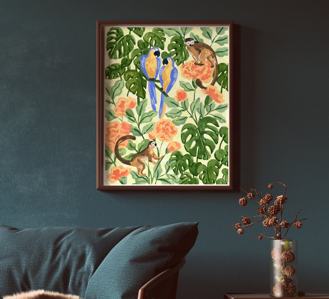 Tropical Monkeys And Parrots Jungle Art Print - Image 4