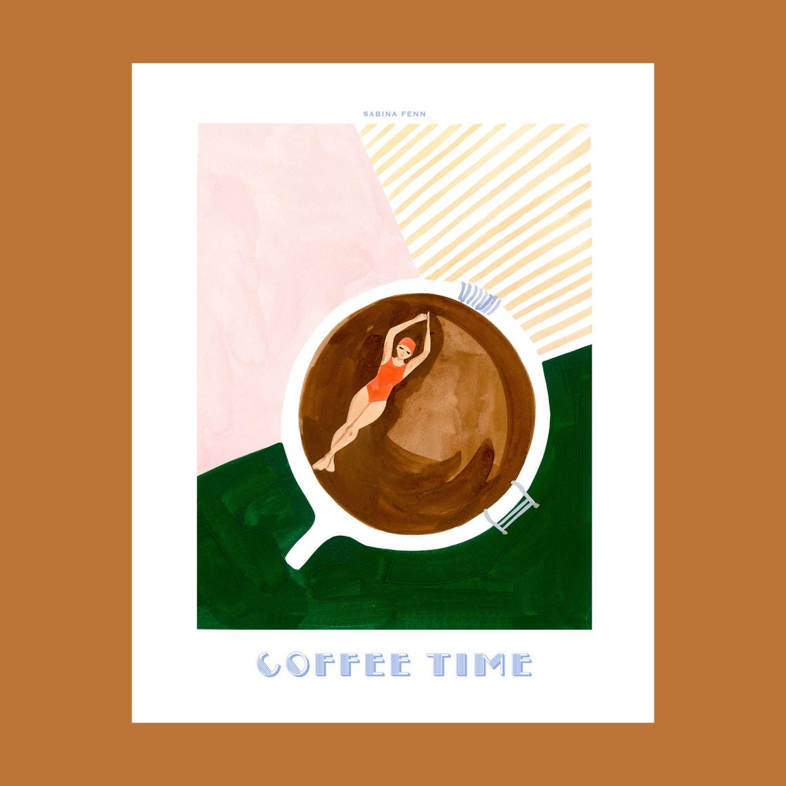 Coffee Art Print Swimmer In Coffee Cup Illustration Minimalist Coffee Lover Wall Art Boho Retro Kitchen Decor