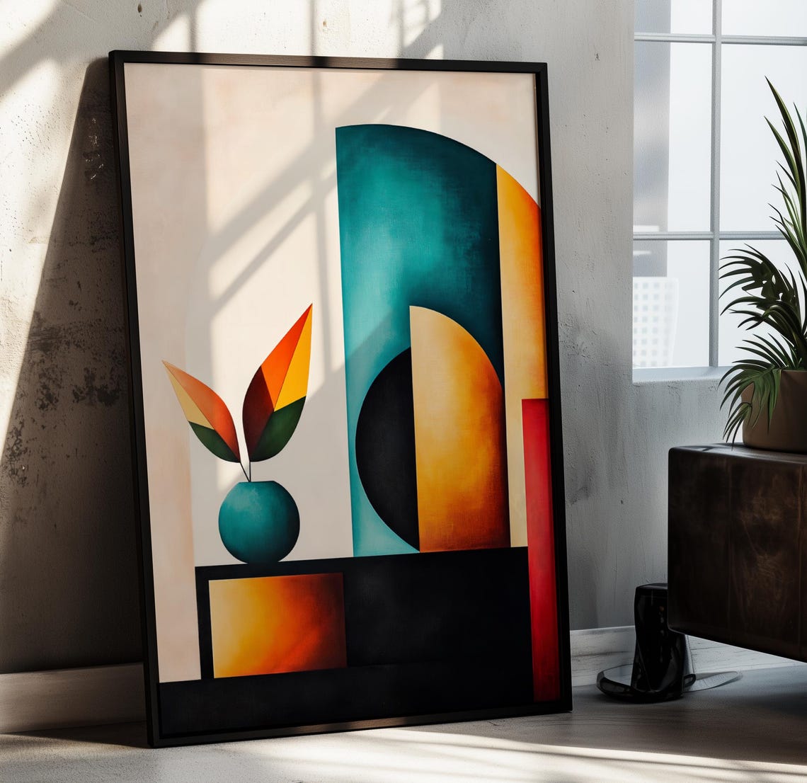 Geometric Vase Abstract Leaves Bold Color Block Modern Art Poster