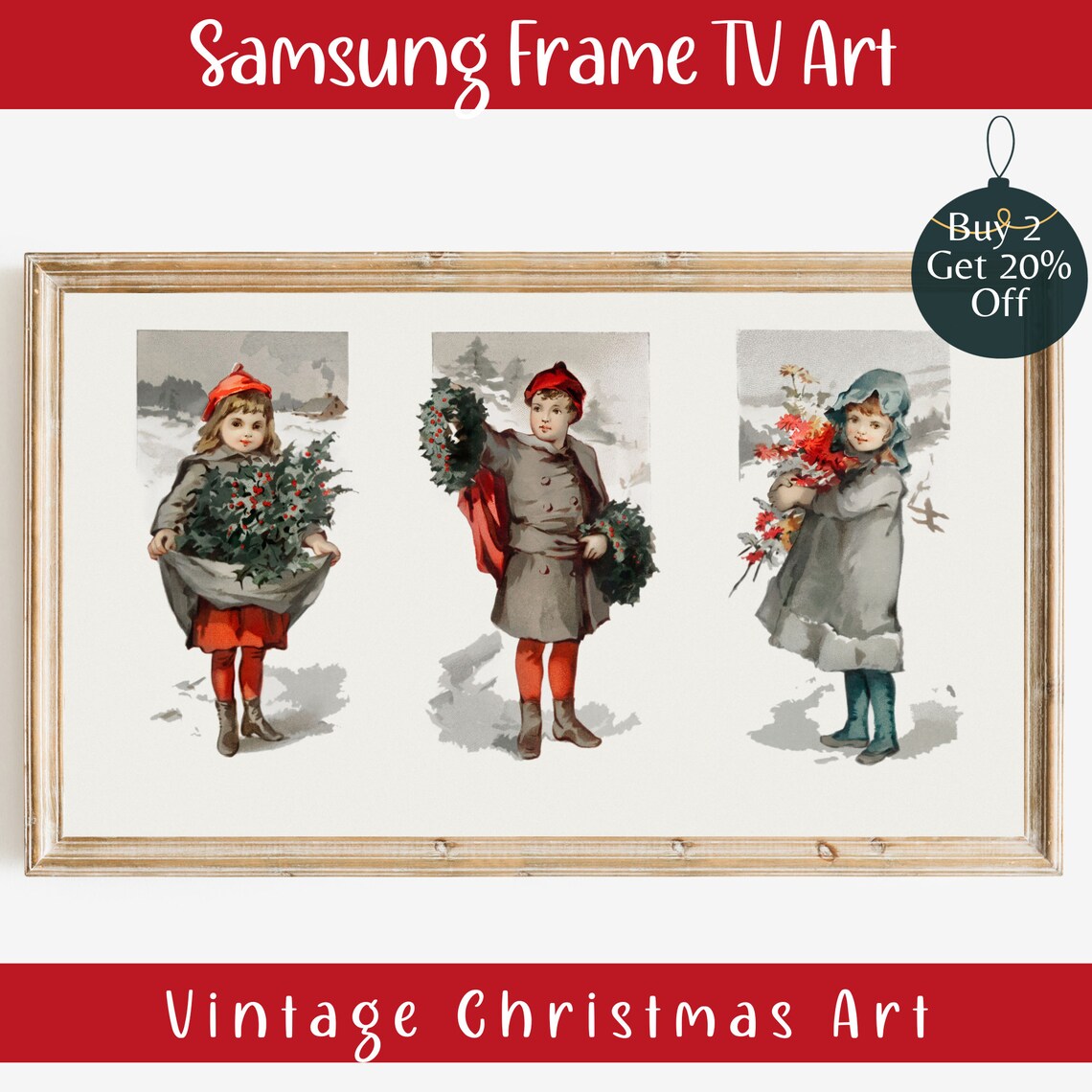 Vintage Christmas Children Holly Wreaths Snow Scene Frame TV Art Print