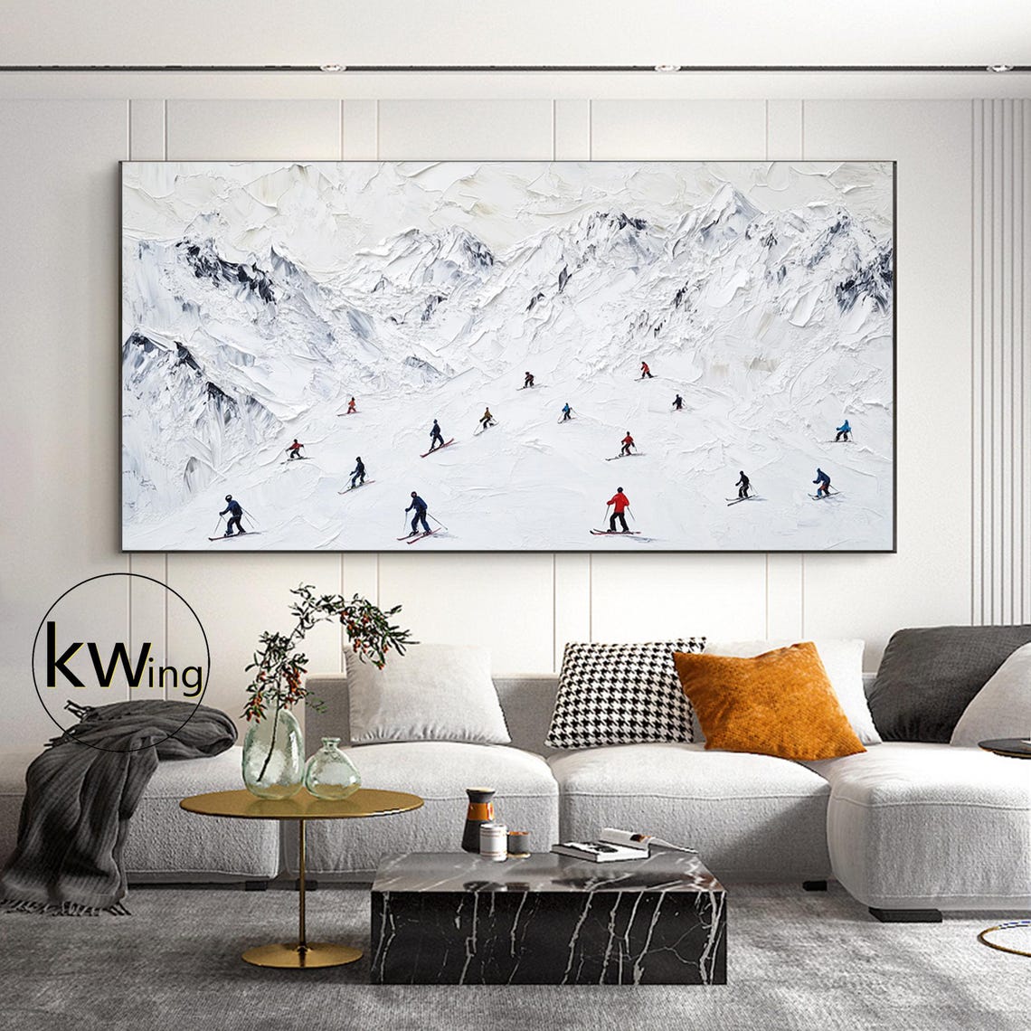 Original Ski Sport Painting On Winter Snowy Landscape Wall Art Modern Minimalist Painting White Skiers Art Living Room Wall Art Decor - Image 4