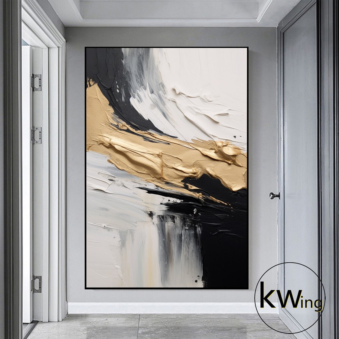 Black White Gold Abstract Texture Painting Ribbon 3D Art Wall Poster - Image 2