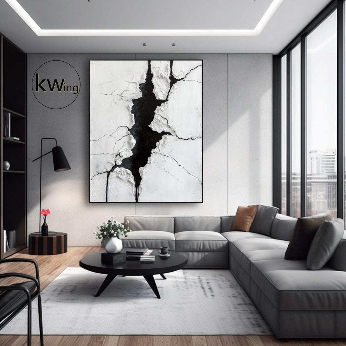 Black Crack White Wabi Sabi Abstract 3D Texture Painting Art Poster - Image 2