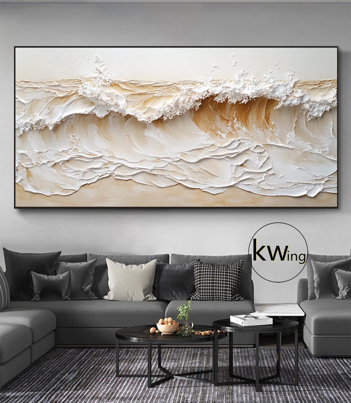 Beige Gold Crashing Ocean Wave 3D Texture Painting Wall Art Poster - Image 3