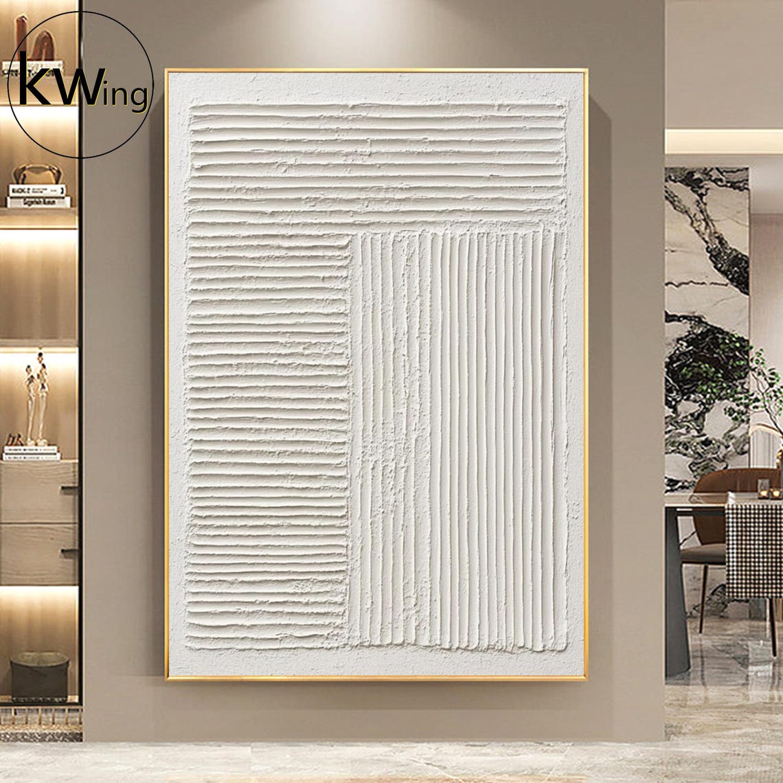 White Striped Geometric 3D Texture Abstract Painting Minimalist Poster - Image 4