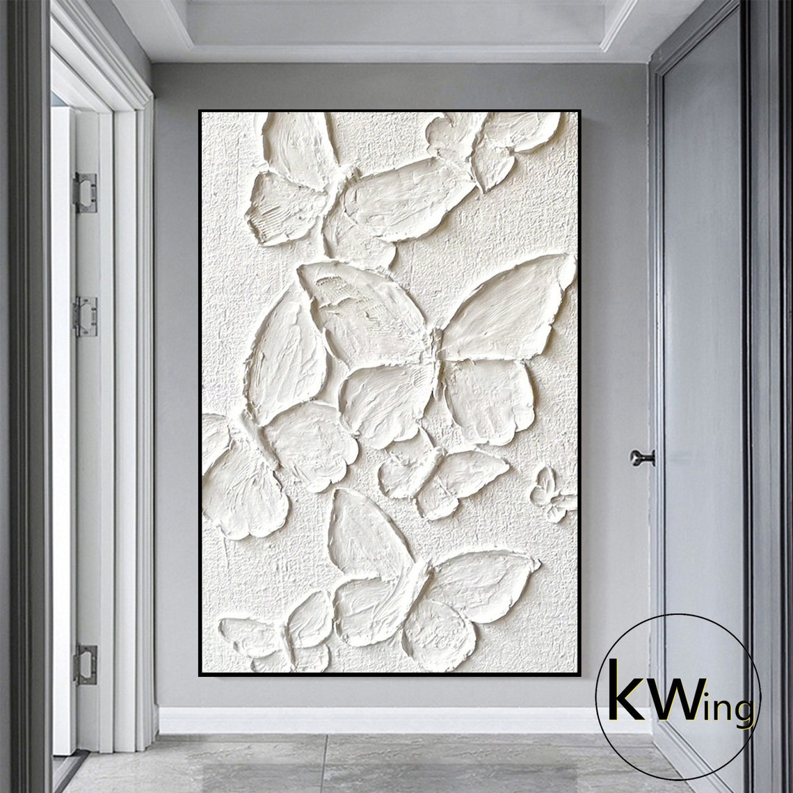 White 3D Butterfly Textured Abstract Painting Palette Knife Art Poster - Image 2