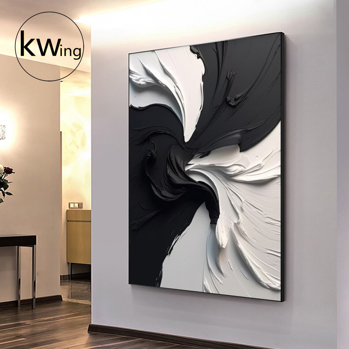 Black White Pinwheel Swirl Abstract 3D Texture Painting Art Poster - Image 4