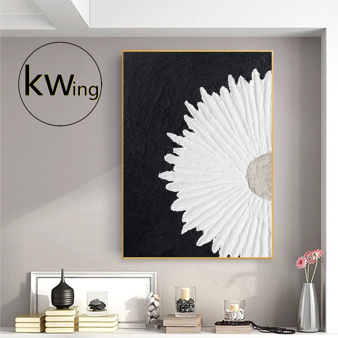 White Daisy Flower Black Background 3D Textured Floral Art Poster - Image 2